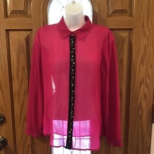 💚3/$25 New Directions PM pink blouse black ribbon clear & black crystal